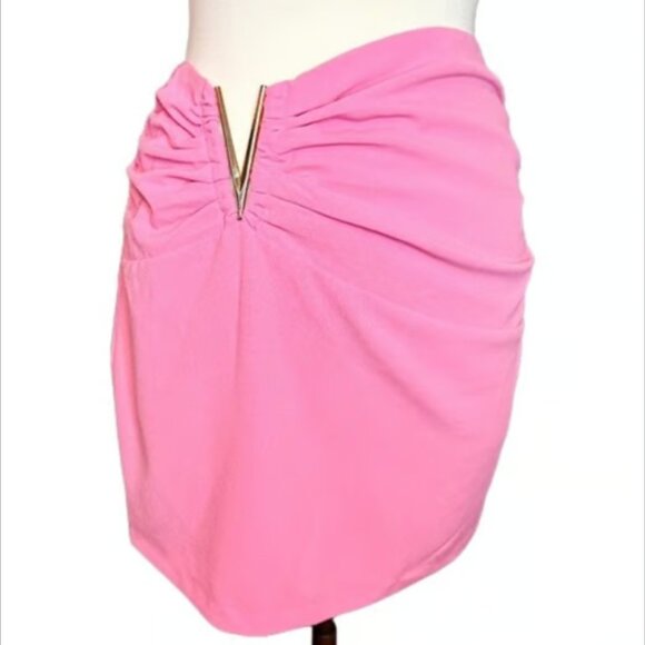Meshki MSRP $69 NWT Mini Skirt Ruched V-shape Barbiecore Pink Gold Party Medium - Picture 3 of 7